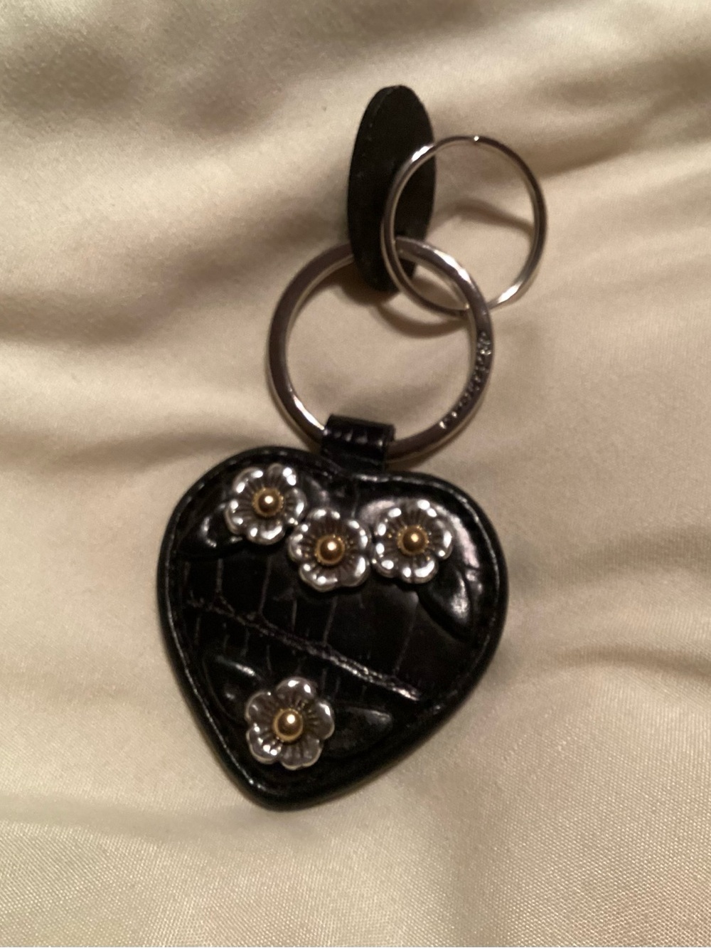 NEW!!  Brighton Black Leather Heart Keychain with Floral Studs